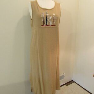Original TY Wear Vintage Tan All Cotton Artsy Cats Maxi Dress, Medium